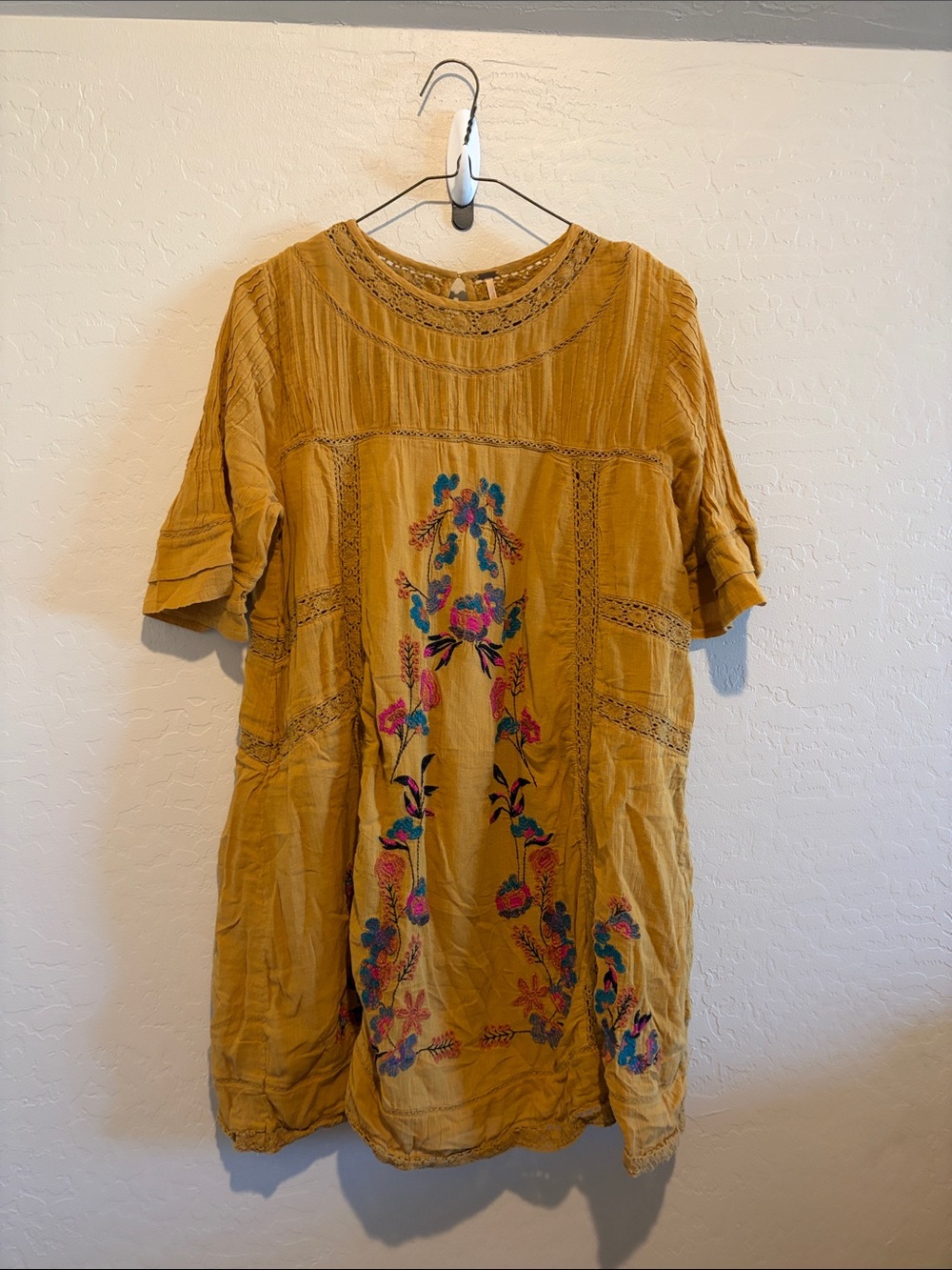 Free People Mustard Embroidered Short Dress